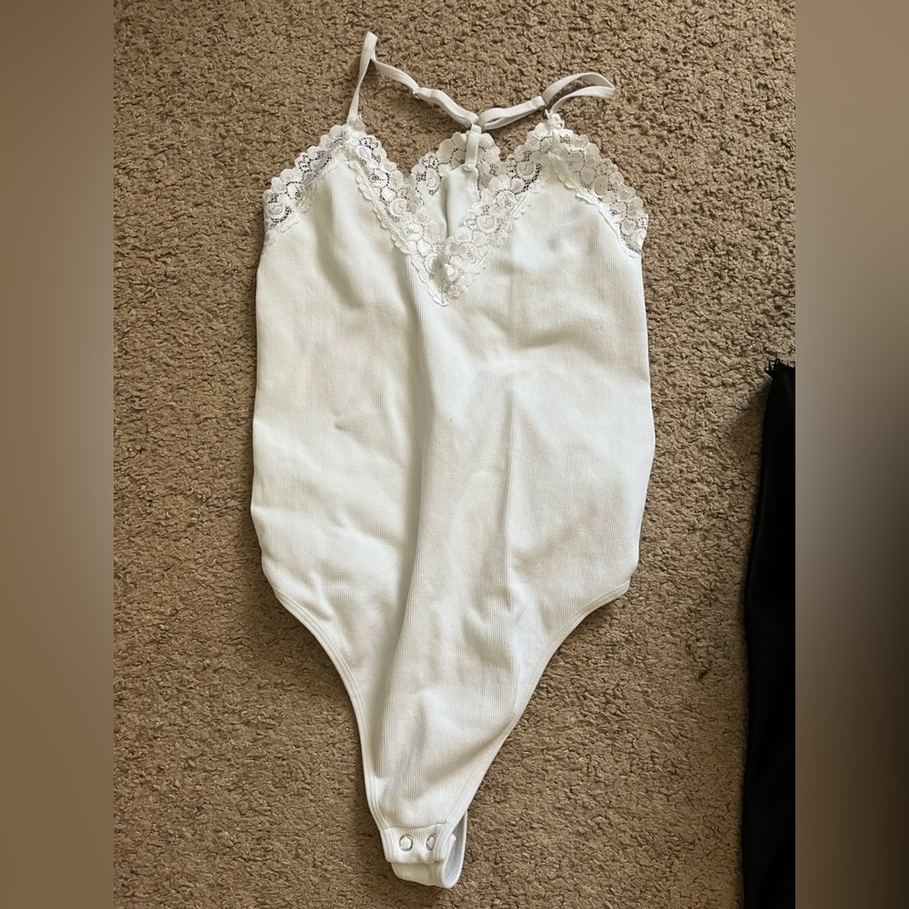 White Ribbed Lace Bodysuit
